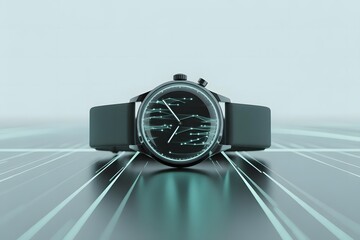 A sleek digital smartwatch with an illuminated face displaying network connections on a futuristic surface