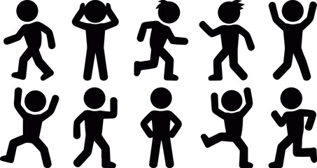 Kids play pose icon collection showing happy jumping and running silhouettes in flat vector, children activity silhouette people icons collection, child dynamic pose silhouette isolated