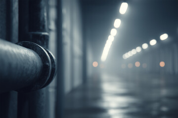 Industrial corridor with blurred pipe foreground and lights in the background creating depth in a manufacturing facility