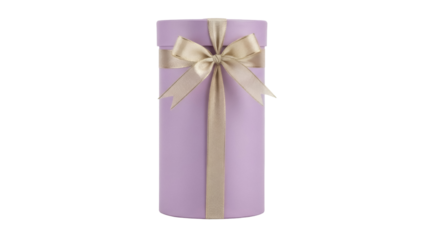 Lilac gift box with golden ribbon isolated PNG, elegant present for special occasions and celebrations on transparent background