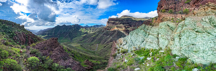 Los Azulejos de Veneguera Aerial View, Colorful Volcanic Rock Formations and Mineral Oxidation,...