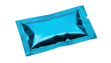 Shiny blue sachet isolated PNG, small foil packet for single use product sample or medicine on transparent background
