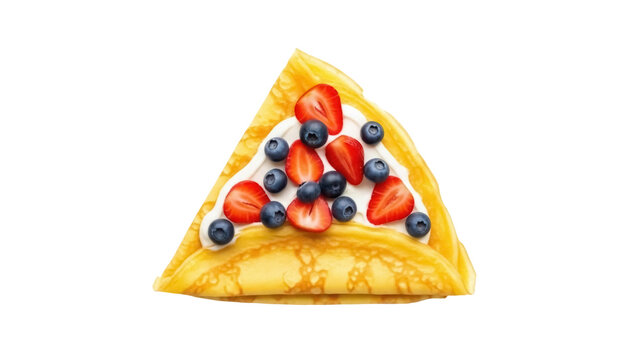 Delicious crepe with strawberries and blueberries isolated PNG, sweet breakfast dessert with fresh fruit and cream on transparent background