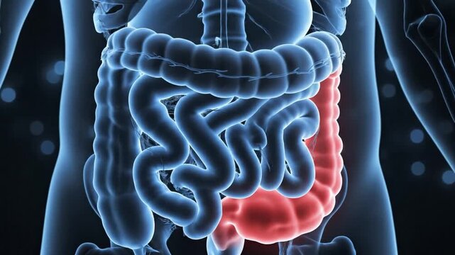 Human digestive system with highlighted inflamed appendix