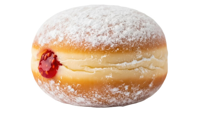Powdered sugar jelly donut isolated PNG, sweet pastry with red jam filling on transparent background, delicious dessert for bakery and cafe