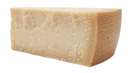 Wedge of aged Parmesan cheese isolated PNG on transparent background, hard Italian cheese with granular texture for culinary use