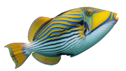 Striated triggerfish isolated PNG on transparent background, colorful tropical fish with blue and yellow stripes for marine life designs