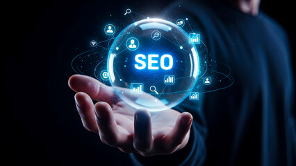 Businessman holding SEO digital globe with futuristic icons for growth and online marketing strategy