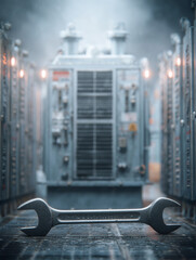 Diesel generator with open panels and wrench in blurred foreground at maintenance site
