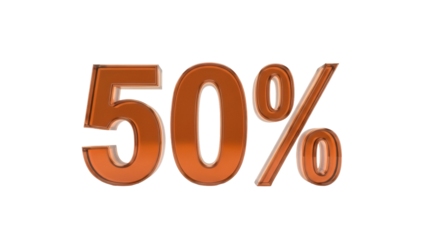 Shiny copper 50 percent sign isolated PNG on transparent background, promotional sale graphic for marketing and advertising