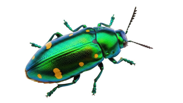 Jewel beetle PNG isolated on transparent background, iridescent green insect with yellow spots for entomology and nature designs