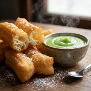 Thai deep fried dough stick Patongko with green pandan custard dipping sauce breakfast set