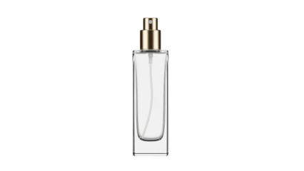 Elegant clear glass perfume bottle with gold cap isolated PNG, fragrance container for beauty and personal care products