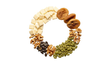 Obraz premium Healthy snack circle isolated on transparent background PNG, dried figs, walnuts, pumpkin seeds, and white chocolate squares for diet concept