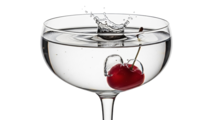 Red cherry splashing in a glass of water isolated PNG, refreshing summer drink with fruit on transparent background