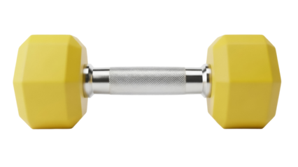 Yellow dumbbell isolated PNG on transparent background, fitness equipment for strength training and bodybuilding exercises
