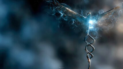 A captivating abstract image featuring a metallic spiral entwined with ethereal blue light and smoke, creating an otherworldly visual.