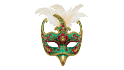 Ornate green and red masquerade mask with feathers isolated PNG, elegant Venetian carnival costume for party and celebration