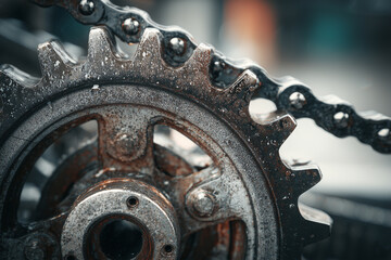 Mechanical gears interlock with a blurred oil can and slightly unfocused metal frame in an industrial setting