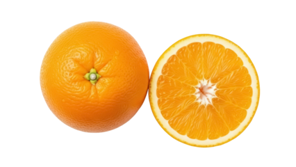 Fresh orange fruit PNG isolated on transparent background, whole and half cut for healthy eating and vitamin C