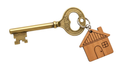 Vintage gold key with house keychain isolated PNG, real estate concept for home buying and selling on transparent background