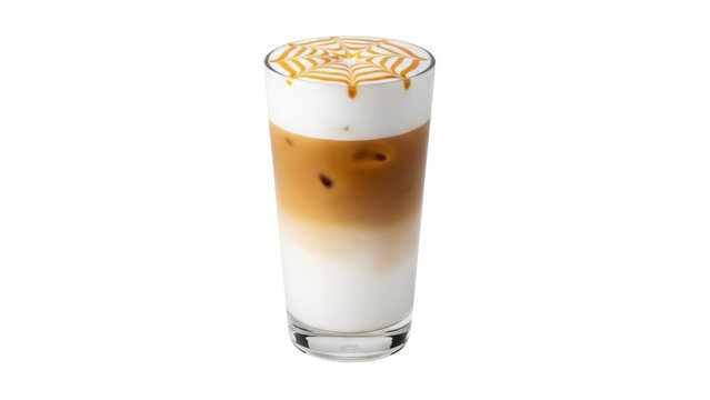 Iced caramel macchiato PNG isolated on transparent background, refreshing coffee drink with milk and caramel drizzle for cafe menu