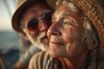 Senior couple enjoys a serene moment together on a sailboat at sunset