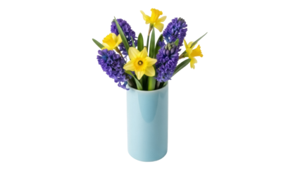Spring bouquet of daffodils and hyacinths in a blue vase isolated PNG, vibrant floral arrangement for seasonal decoration