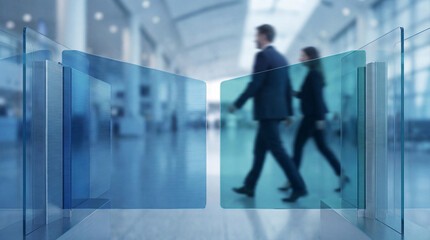 Modern glass security gates in a bright airport terminal. Business people walking through automated access control turnstiles. Security and technology concept