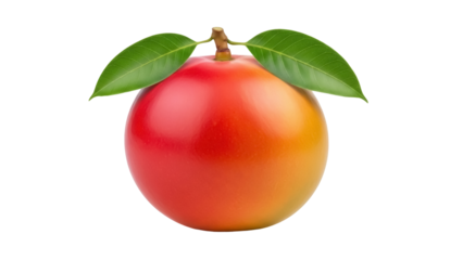 Ripe mango fruit with leaves isolated PNG on transparent background, tropical fruit with red and yellow skin for healthy eating and design use