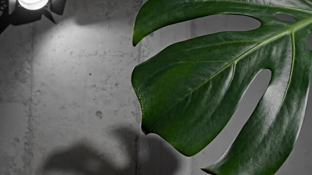 Monstera Leaf Under Bright Spotlight, A Modern Minimalist Display On Concrete Background