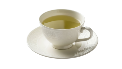 Elegant teacup with green tea isolated PNG on transparent background, refreshing beverage for relaxation and mindfulness