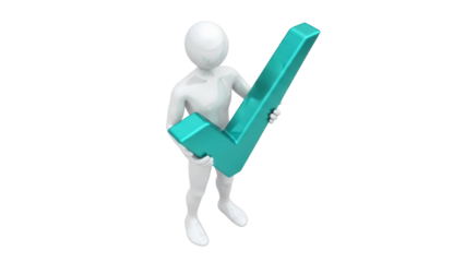 3D man holding a green check mark isolated PNG, concept of approval and success on transparent background