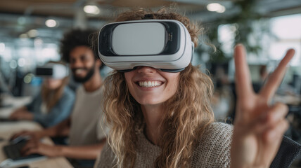 Colleagues engage in innovative teamwork through virtual reality