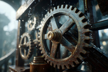 Obraz premium Focusing on mechanical gears and an oil can in a workshop setting with blurred details and a metal frame in the background