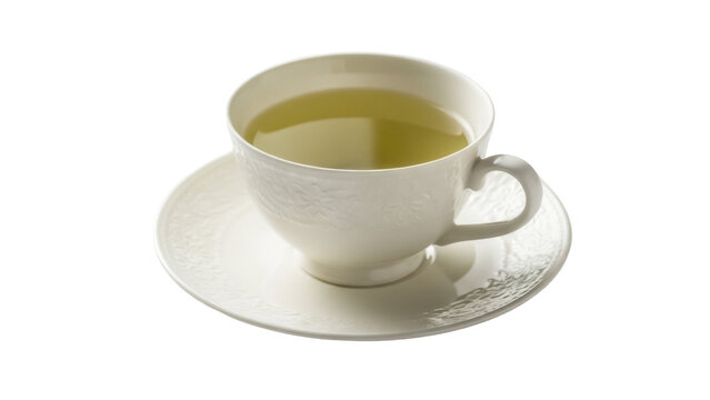 Elegant teacup with green tea isolated PNG on transparent background, refreshing beverage for relaxation and mindfulness