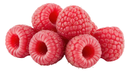 Pile of fresh raspberries PNG isolated on transparent background, delicious red fruit for healthy eating and summer desserts