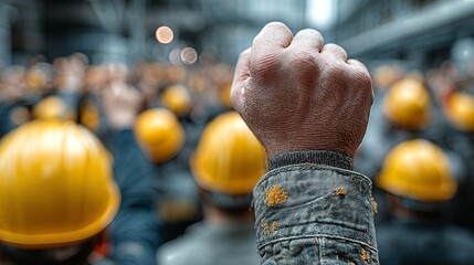 Close up of a raised fist in a crowd of workers wearing yellow hard hats, symbolizing labor union solidarity and collective bargaining