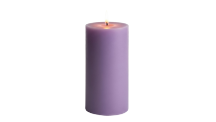 Burning lavender pillar candle isolated PNG, aromatherapy wax candle with flame for relaxation and home decor on transparent background