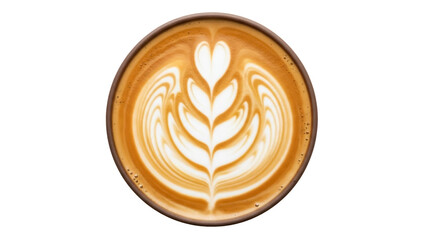 Latte art in a brown ceramic cup isolated on transparent background, coffee drink with heart and leaf pattern for cafe menu PNG