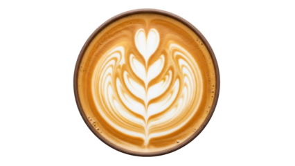 Latte art in a brown ceramic cup isolated on transparent background, coffee drink with heart and leaf pattern for cafe menu PNG