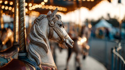 A vintage carousel horse stands elegantly, bathed in the warm glow of carnival lights, evoking a sense of nostalgia and childhood joy.