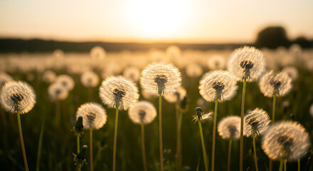 A field of dandelions at sunset in the countryside