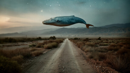 Obraz premium A surreal scene unfolds as a whale gracefully floats above a deserted dirt road, blending fantasy and reality under a starry sky.
