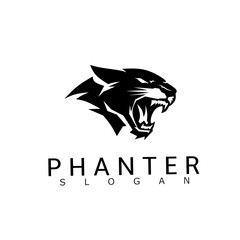A modern black panther head logo with an aggressive roaring expression, designed in bold monochrome style for branding, sports teams, clothing, or corporate identity © pramurti