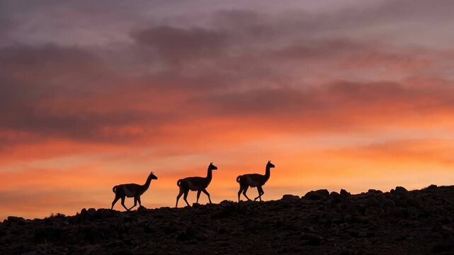 Silhouetted against a fiery sunset, a trio of graceful creatures traverses a rugged hillside, their forms etched by the fading light. Capturing a timeless landscape of serenity and wild beauty.