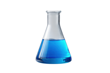 Glass flask with blue liquid on black background chemical
