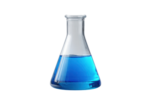 Glass flask with blue liquid on black background chemical - Powered by Adobe