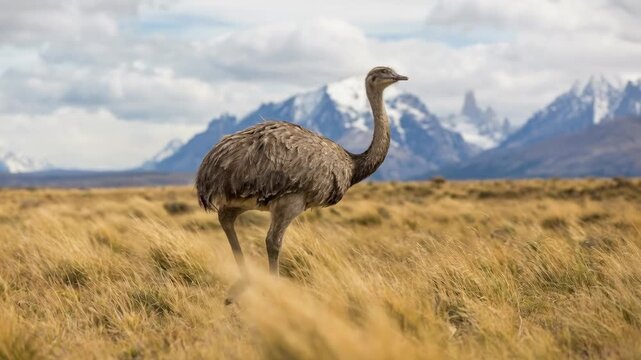 A solitary rhea struts elegantly across a vast grassland, its gaze fixed on the distant mountain peaks. The majestic bird embodies the spirit of exploration and resilience.