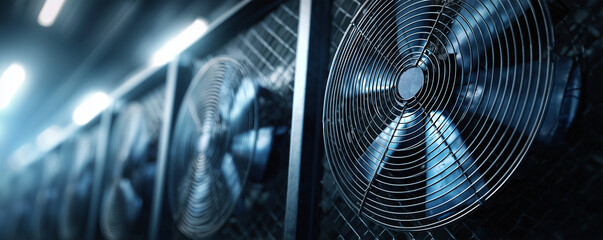 Cooling fans arranged in rows with blurred guard mesh in foreground and slight out of focus background